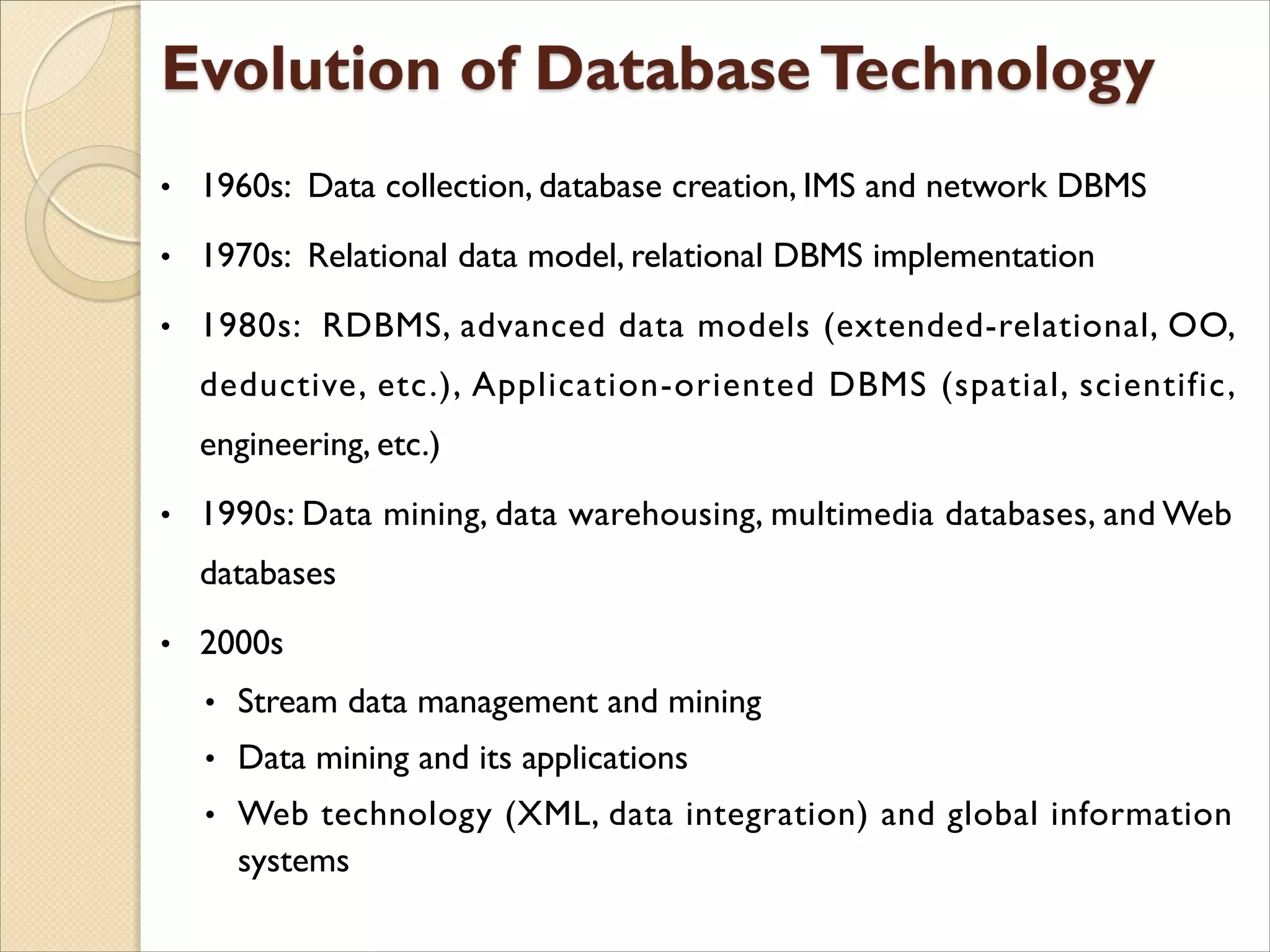 • 1960s: Data collection, database creation, IMS and network DBMS
• 1970s: Relational data model, relational DBMS implementation
• 1980s: RDBMS, advanced data models (extended-relational, OO,
deductive, etc.), Application-oriented DBMS (spatial, scientific,
engineering, etc.)
• 1990s: Data mining, data warehousing, multimedia databases, and Web
databases
• 2000s
• Stream data management and mining
• Data mining and its applications
• Web technology (XML, data integration) and global information
systems
 