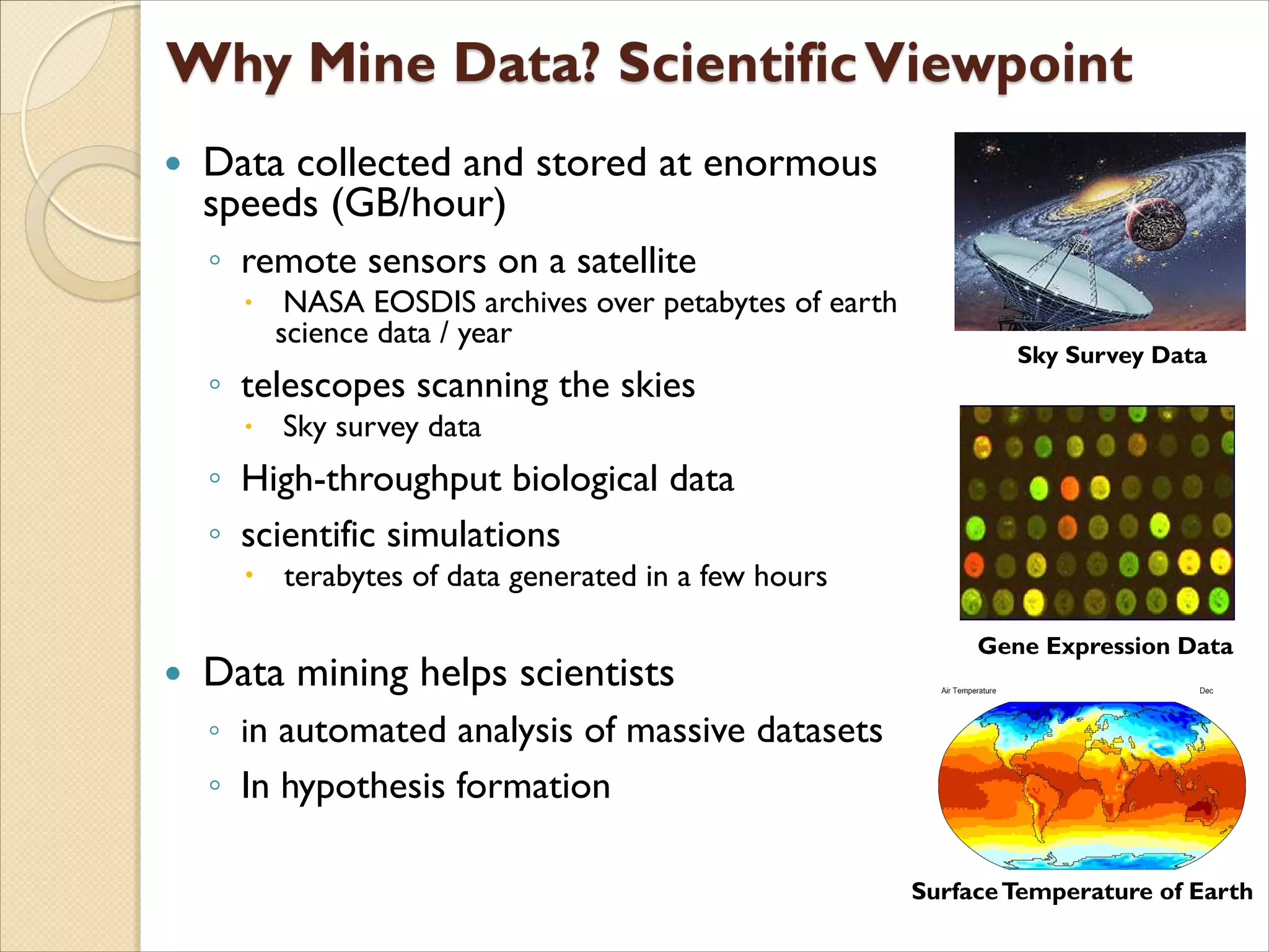 Sky Survey Data
 Data collected and stored at enormous
speeds (GB/hour)
◦ remote sensors on a satellite
 NASA EOSDIS archives over petabytes of earth
science data / year
◦ telescopes scanning the skies
 Sky survey data
◦ High-throughput biological data
◦ scientific simulations
 terabytes of data generated in a few hours
 Data mining helps scientists
◦ in automated analysis of massive datasets
◦ In hypothesis formation
SurfaceTemperature of Earth
Gene Expression Data
 