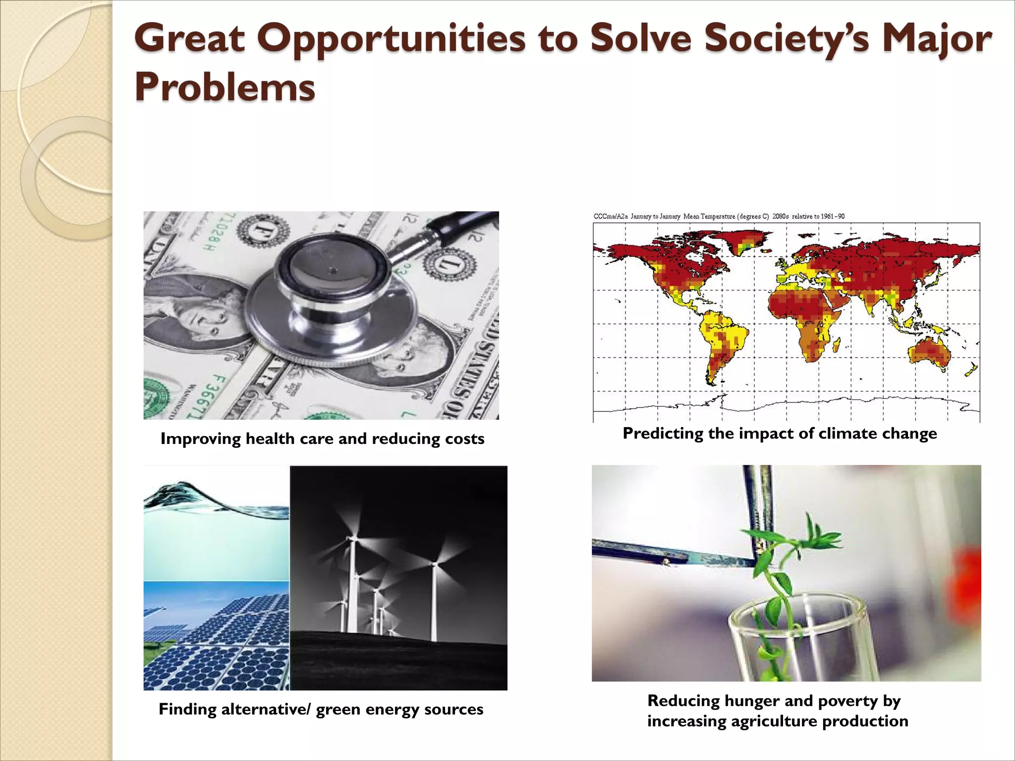 Improving health care and reducing costs
Finding alternative/ green energy sources
Predicting the impact of climate change
Reducing hunger and poverty by
increasing agriculture production
 