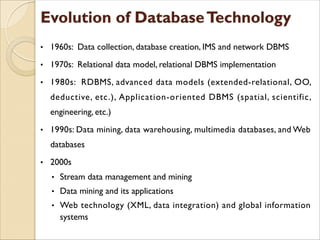 • 1960s: Data collection, database creation, IMS and network DBMS
• 1970s: Relational data model, relational DBMS implementation
• 1980s: RDBMS, advanced data models (extended-relational, OO,
deductive, etc.), Application-oriented DBMS (spatial, scientific,
engineering, etc.)
• 1990s: Data mining, data warehousing, multimedia databases, and Web
databases
• 2000s
• Stream data management and mining
• Data mining and its applications
• Web technology (XML, data integration) and global information
systems
 