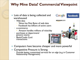  Lots of data is being collected and
warehoused
◦ Web data
 Yahoo has Peta Bytes of web data
 Facebook has billions of active users
◦ e-commerce
• Amazon handles millions of visits/day
◦ purchases at department/
grocery stores
◦ Bank/Credit Card
transactions
 Computers have become cheaper and more powerful
 Competitive Pressure is Strong
◦ Provide better, customized services for an edge (e.g. in Customer
Relationship Management)
 