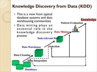  This is a view from typical
database systems and data
warehousing communities
 Data mining plays an
e s s e n t i a l r...