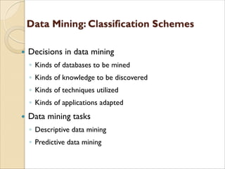  Decisions in data mining
◦ Kinds of databases to be mined
◦ Kinds of knowledge to be discovered
◦ Kinds of techniques ut...
