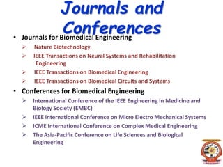 Journals and
Conferences• Journals for Biomedical Engineering
 Nature Biotechnology
 IEEE Transactions on Neural Systems and Rehabilitation
Engineering
 IEEE Transactions on Biomedical Engineering
 IEEE Transactions on Biomedical Circuits and Systems
• Conferences for Biomedical Engineering
 International Conference of the IEEE Engineering in Medicine and
Biology Society (EMBC)
 IEEE International Conference on Micro Electro Mechanical Systems
 ICME International Conference on Complex Medical Engineering
 The Asia-Pacific Conference on Life Sciences and Biological
Engineering
 