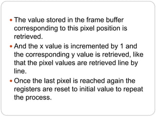  The value stored in the frame buffer
corresponding to this pixel position is
retrieved.
 And the x value is incremented by 1 and
the corresponding y value is retrieved, like
that the pixel values are retrieved line by
line.
 Once the last pixel is reached again the
registers are reset to initial value to repeat
the process.
 