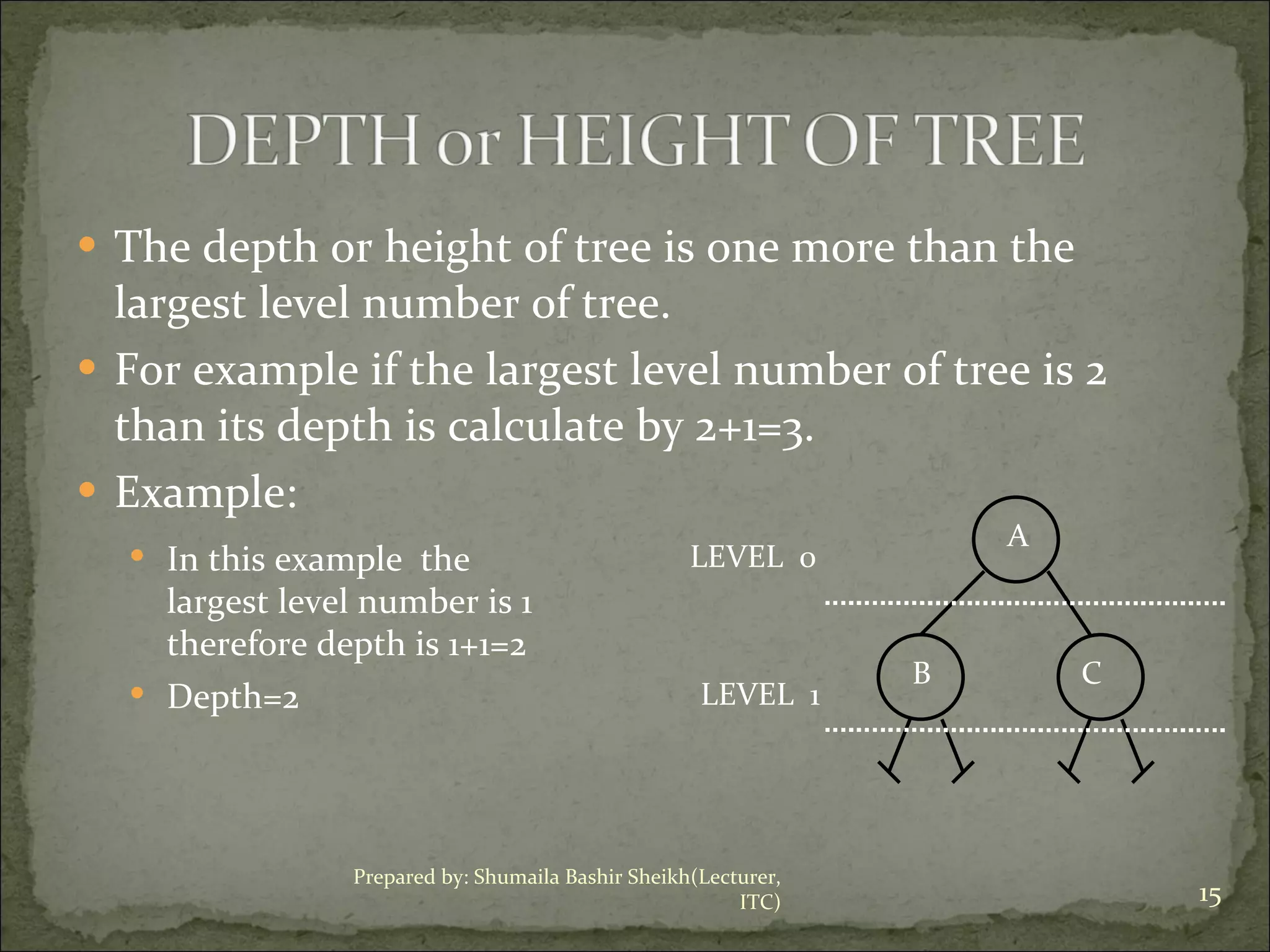 The depth or height of tree is one more than the largest level number of tree. For example if the largest level number of tree is 2 than its depth is calculate by 2+1=3. Example: LEVEL  0 LEVEL  1 A B C In this example  the largest level number is 1 therefore depth is 1+1=2 Depth=2 Prepared by: Shumaila Bashir Sheikh(Lecturer, ITC) 