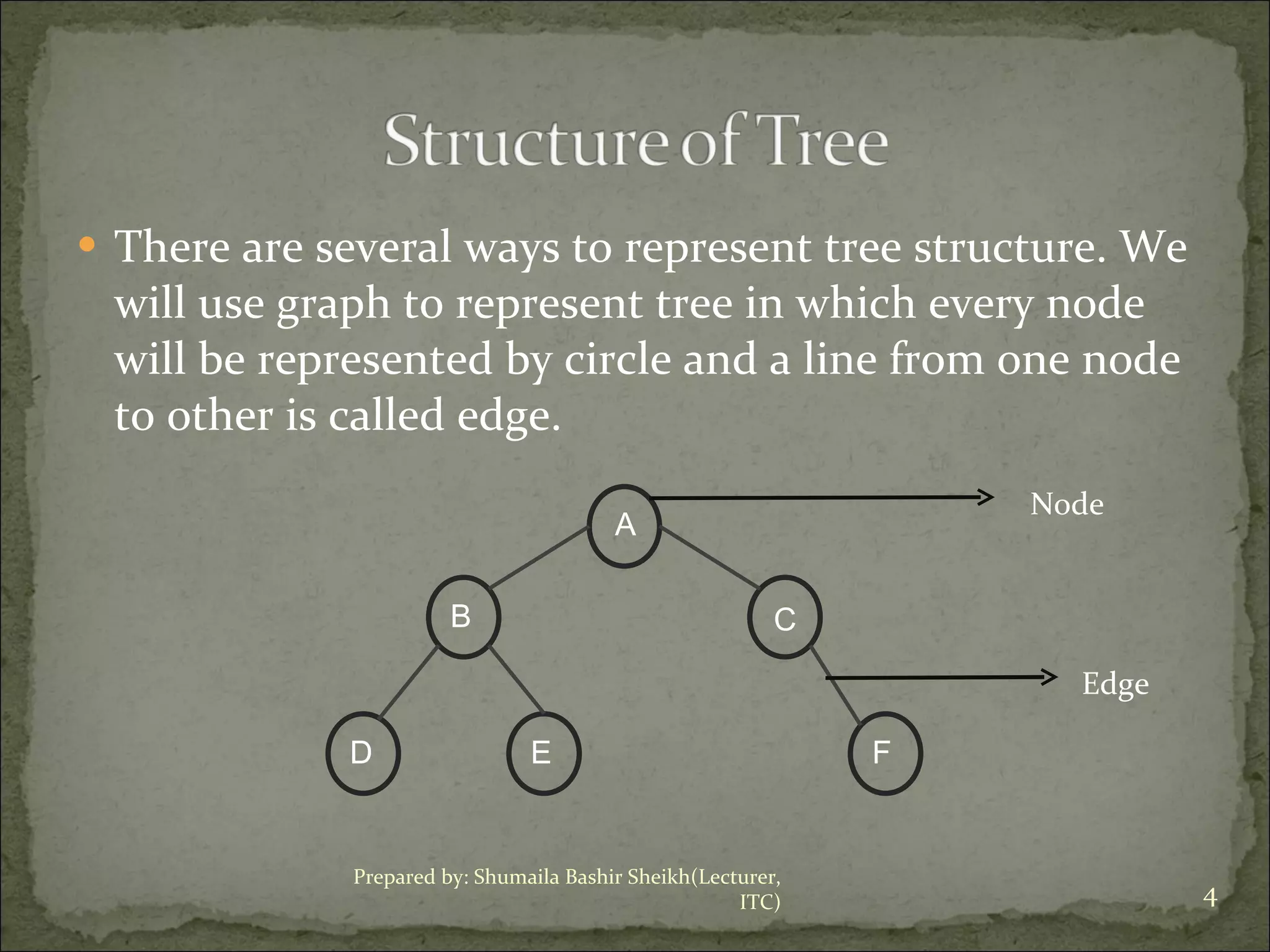 There are several ways to represent tree structure. We will use graph to represent tree in which every node will be represented by circle and a line from one node to other is called edge. Node Edge Prepared by: Shumaila Bashir Sheikh(Lecturer, ITC) A B D E C F 