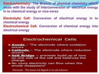 Electrochemistry: The Branch of physical chemistry which
deals with the study of interconversion of electrical energy
in to chemical energy or vice-versa
Electrolytic Cell: Conversion of electrical energy in to
chemical energy
Electrochemical Cell: Conversion of chemical energy into
electrical energy
Electrode – The metal rod dipped in its salt solution
 
