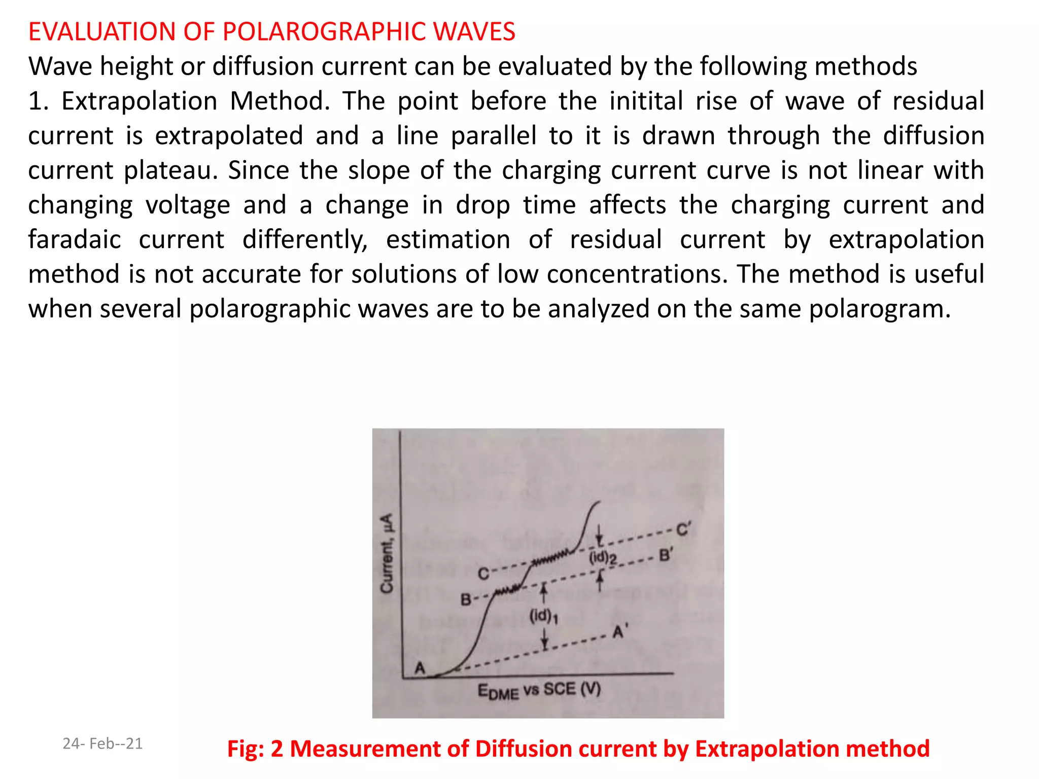 EVALUATION OF POLAROGRAPHIC WAVES
Wave height or diffusion current can be evaluated by the following methods
1. Extrapolation Method. The point before the initital rise of wave of residual
current is extrapolated and a line parallel to it is drawn through the diffusion
current plateau. Since the slope of the charging current curve is not linear with
changing voltage and a change in drop time affects the charging current and
faradaic current differently, estimation of residual current by extrapolation
method is not accurate for solutions of low concentrations. The method is useful
when several polarographic waves are to be analyzed on the same polarogram.
Fig: 2 Measurement of Diffusion current by Extrapolation method
24- Feb--21
 