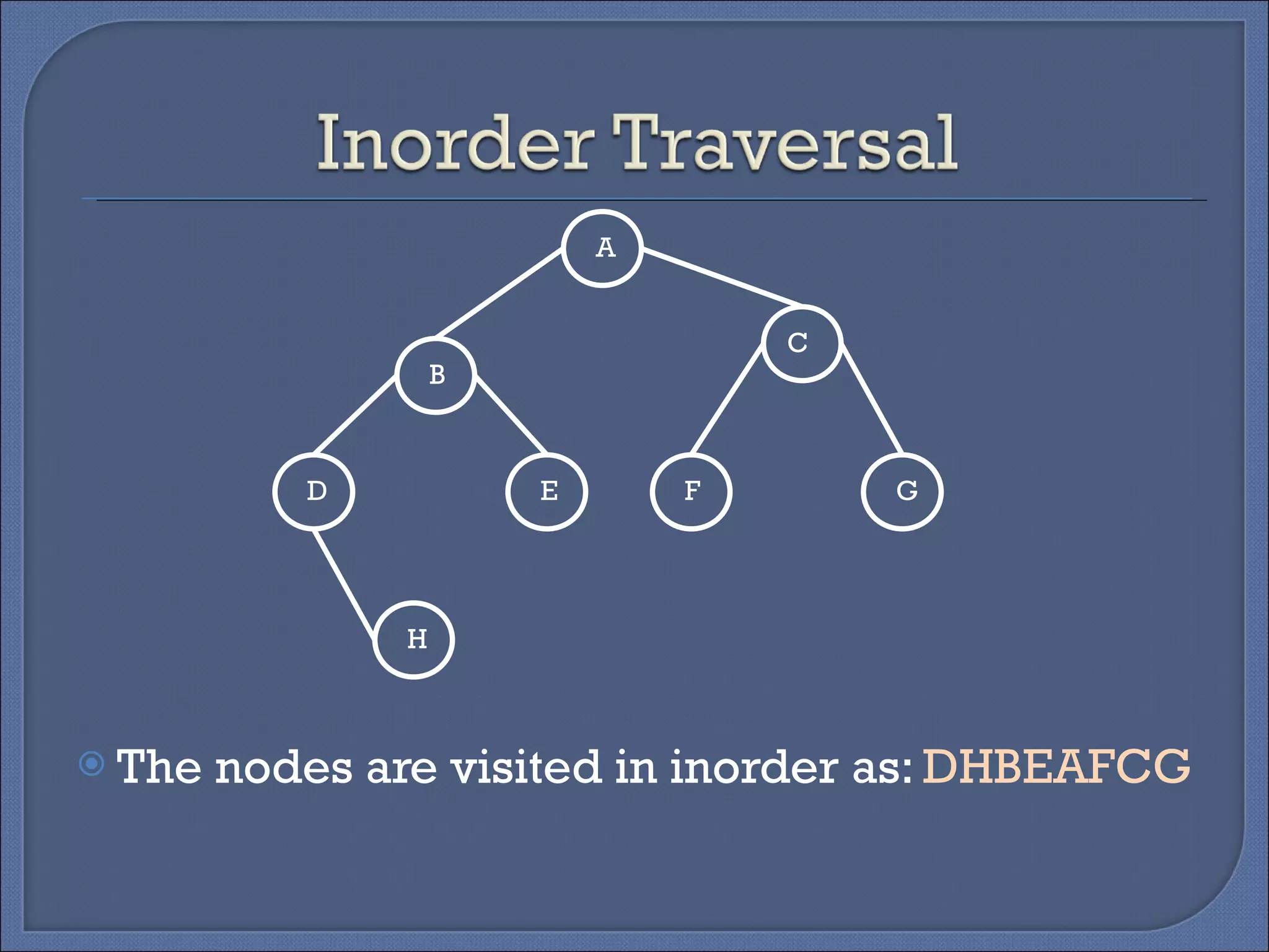The nodes are visited in inorder as:  DHBEAFCG  A B C D E F G H 