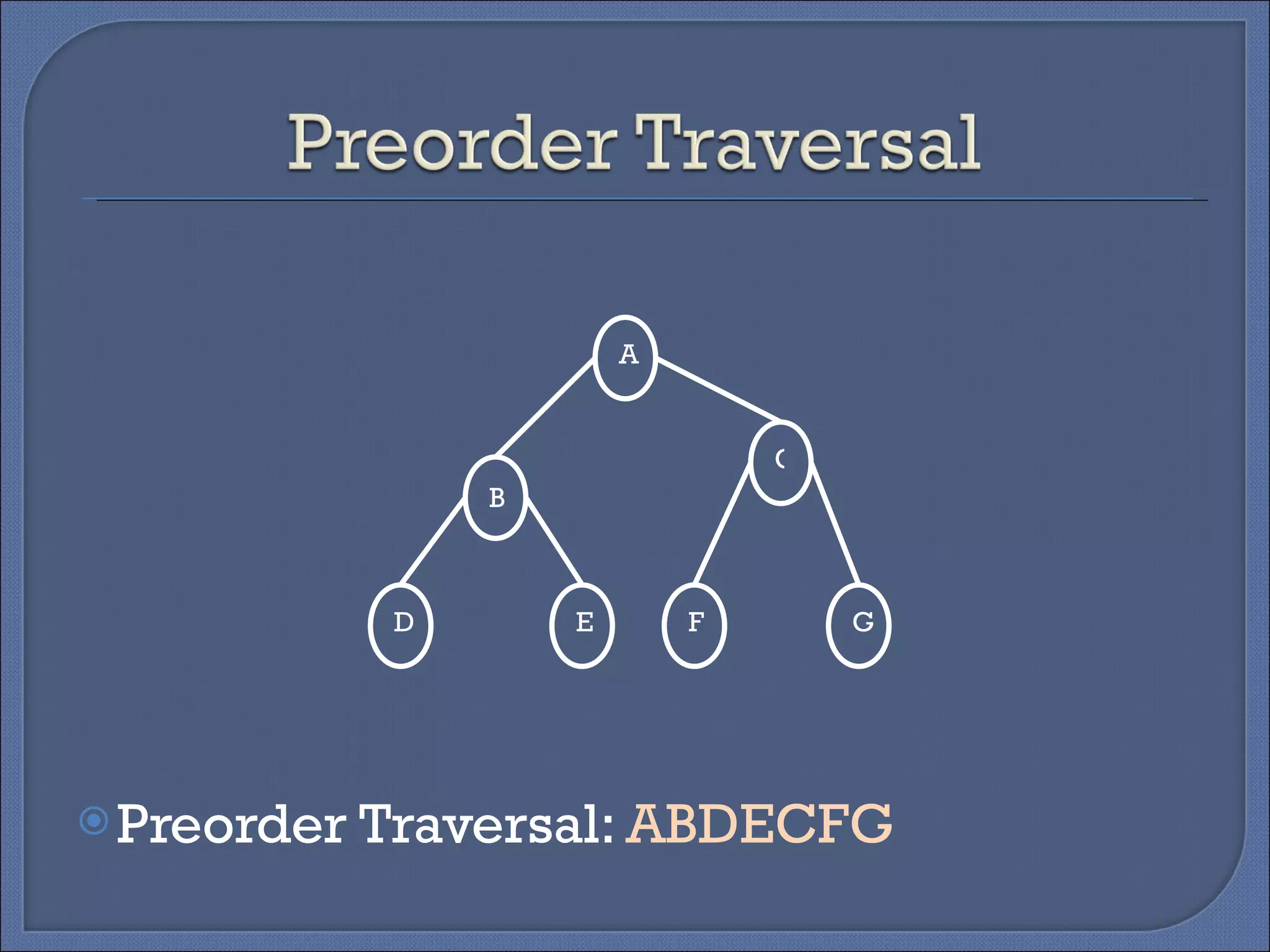 Preorder Traversal:  ABDECFG A B C D E F G 
