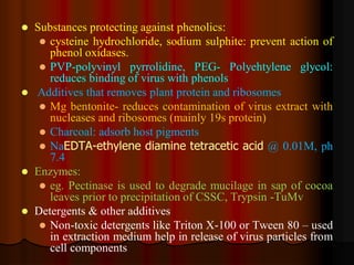  Substances protecting against phenolics:
 cysteine hydrochloride, sodium sulphite: prevent action of
phenol oxidases.
 PVP-polyvinyl pyrrolidine, PEG- Polyehtylene glycol:
reduces binding of virus with phenols
 Additives that removes plant protein and ribosomes
 Mg bentonite- reduces contamination of virus extract with
nucleases and ribosomes (mainly 19s protein)
 Charcoal: adsorb host pigments
 NaEDTA-ethylene diamine tetracetic acid @ 0.01M, ph
7.4
 Enzymes:
 eg. Pectinase is used to degrade mucilage in sap of cocoa
leaves prior to precipitation of CSSC, Trypsin -TuMv
 Detergents & other additives
 Non-toxic detergents like Triton X-100 or Tween 80 – used
in extraction medium help in release of virus particles from
cell components
 