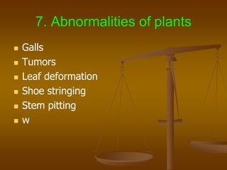 7. Abnormalities of plants
 Galls
 Tumors
 Leaf deformation
 Shoe stringing
 Stem pitting
 w
 
