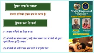 श्लेषक कफ के स्थान'
श्लेषक कफ के कर्म
समस्त संधियां श्लेषक कफ के स्थान हैं।
(1) समस्त संधियों का स्नेहन करना
(2) संधियों का पोषण करना, उन्हें स्निग्ध रखना तथा संधियों को दृढ़ता
पूवर्क मिलाए (जोड़े) रखना
(3) संधियों को भली प्रकार कार्य करने में सहयोग देना
 