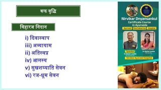 विहारज निदान
मानसिक निदान
i) दिवास्वाप
iii) अव्यायाम
ii) अतिस्वप्न
iv) आलस्य
v) सुखशय्याति सेवन
vi) रज-धूम सेवन
कफ वृद्धि
 