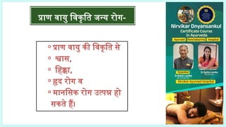 प्राण वायु विकृति जन्य रोग-
⚬प्राण वायु की विकृति से
⚬ श्वास,
⚬ हिक्का,
⚬हृद रोग व
⚬मानसिक रोग उत्पन्न हो
सकते हैं।
 