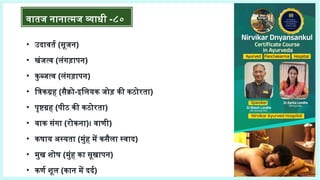 वातज नानात्मज व्याधी -८०
• उदावर्त (सूजन)
• खंजत्व (लंगड़ापन)
• कुब्जत्व (लंगड़ापन)
• त्रिकग्रह (सैक्रो-इलियक जोड़ की कठोरता)
• पृष्टग्रह (पीठ की कठोरता)
• वाक संगा (रोकना)। वाणी)
• कषाय अस्यता (मुंह में कसैला स्वाद)
• मुख शोष (मुंह का सूखापन)
• कर्ण शूल (कान में दर्द)
 