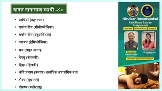 वातज नानात्मज व्याधी -८०
• बाधिर्या (बहरापन)
• एकांग रोग (मोनोप्लेजिया)
• सर्वांग रोग (बहुप्रतिघात)
• पक्षवध (हेमिप्लेजिया)
• भ्रम (चक्कर आना)
• वेपथु (कंपकंपी)
• हिक्का (हिचकी)
• अति प्रलाप (प्रलाप) अत्यधिक अप्रासंगिक बात
• रौक्ष्य (सूखापन)
• पौरुष्य (कठोरता)
 