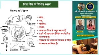 पित्त दोष के विशिष्ट स्थान
• स्वेद,
• रस,
• लसीका,
• रुधिर,
• आमाशय पित्त के प्रमुख स्थान हैं.
• इनमें भी आमाशय विशेष रुप से पित्त
का स्थान है।
• पक्वाशय एवं आमाशय के मध्य में पित्त
का स्थान अवस्थित है।
 