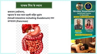 पाचक पित्त के स्थान
आमाशय (अधोभाग),
पक्वाशय के मध्य स्थान ग्रहणी सहित क्षुद्रांत्र
(Small intestine including Duodenum) तथा
अग्न्याशय (Pancreas)
 