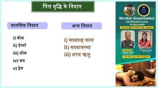 पित्त वृद्धि के निदान
मानसिक निदान
i) क्रोध
ii) ईर्ष्या
iii) शोक
iv) भय
v) द्वेष
अन्य निदान
i) मध्यान्ह काल
li) मध्यावस्था
iii) शरद ऋतु
 