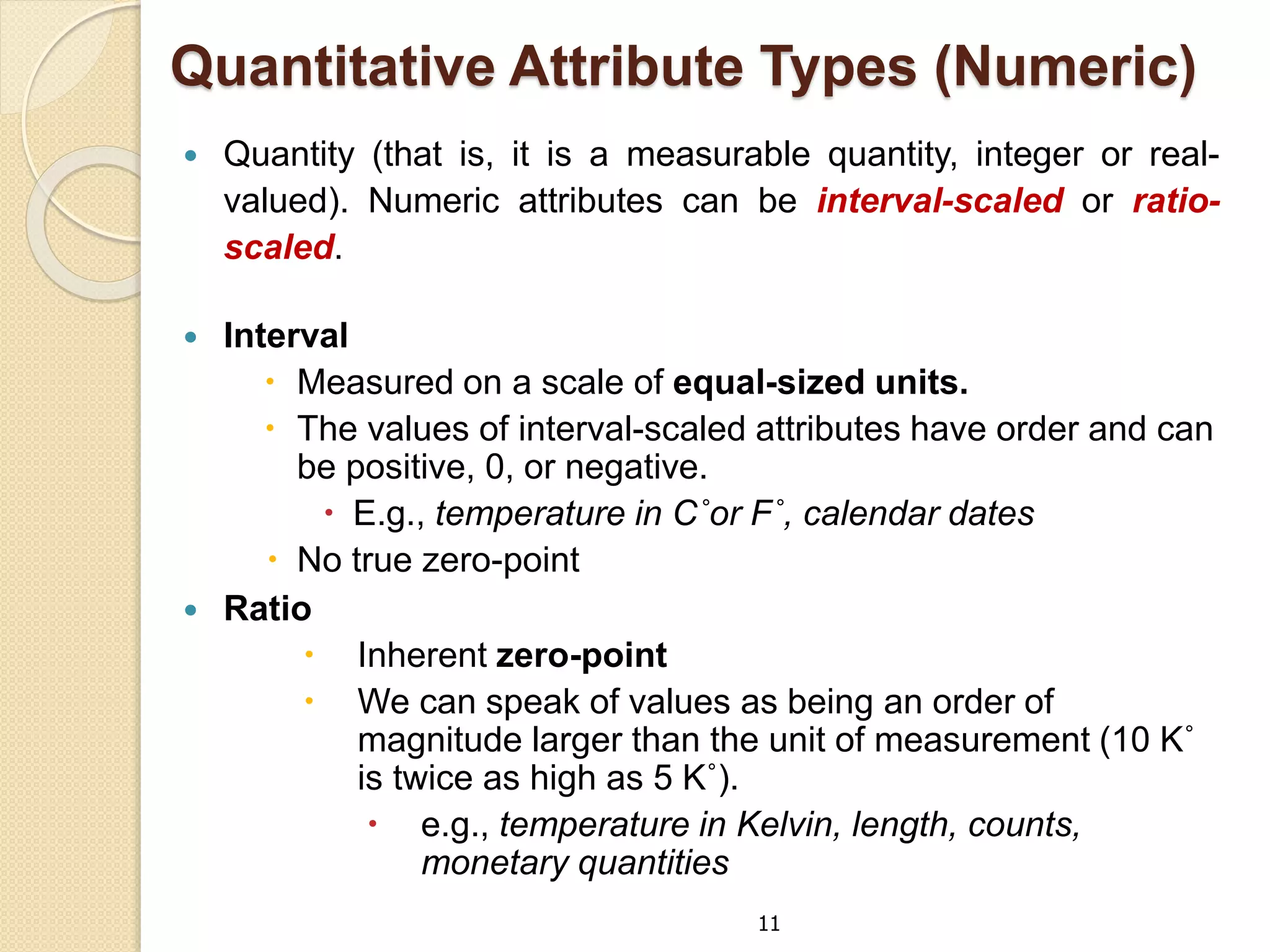 11
Quantitative Attribute Types (Numeric)
 Quantity (that is, it is a measurable quantity, integer or real-
valued). Numeric attributes can be interval-scaled or ratio-
scaled.
 Interval
 Measured on a scale of equal-sized units.
 The values of interval-scaled attributes have order and can
be positive, 0, or negative.
 E.g., temperature in C˚or F˚, calendar dates
 No true zero-point
 Ratio
 Inherent zero-point
 We can speak of values as being an order of
magnitude larger than the unit of measurement (10 K˚
is twice as high as 5 K˚).
 e.g., temperature in Kelvin, length, counts,
monetary quantities
 
