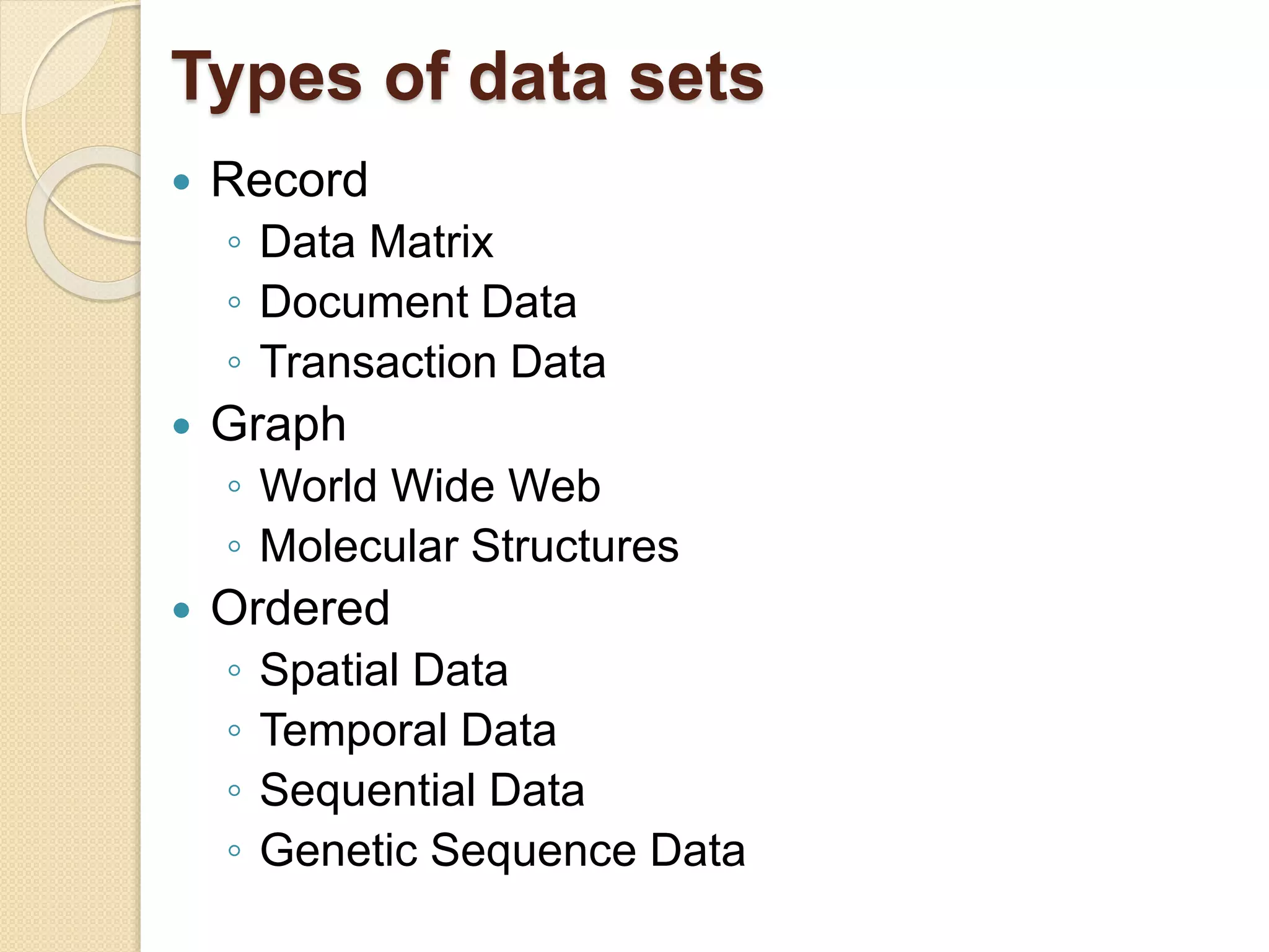 Types of data sets
 Record
◦ Data Matrix
◦ Document Data
◦ Transaction Data
 Graph
◦ World Wide Web
◦ Molecular Structures
 Ordered
◦ Spatial Data
◦ Temporal Data
◦ Sequential Data
◦ Genetic Sequence Data
 