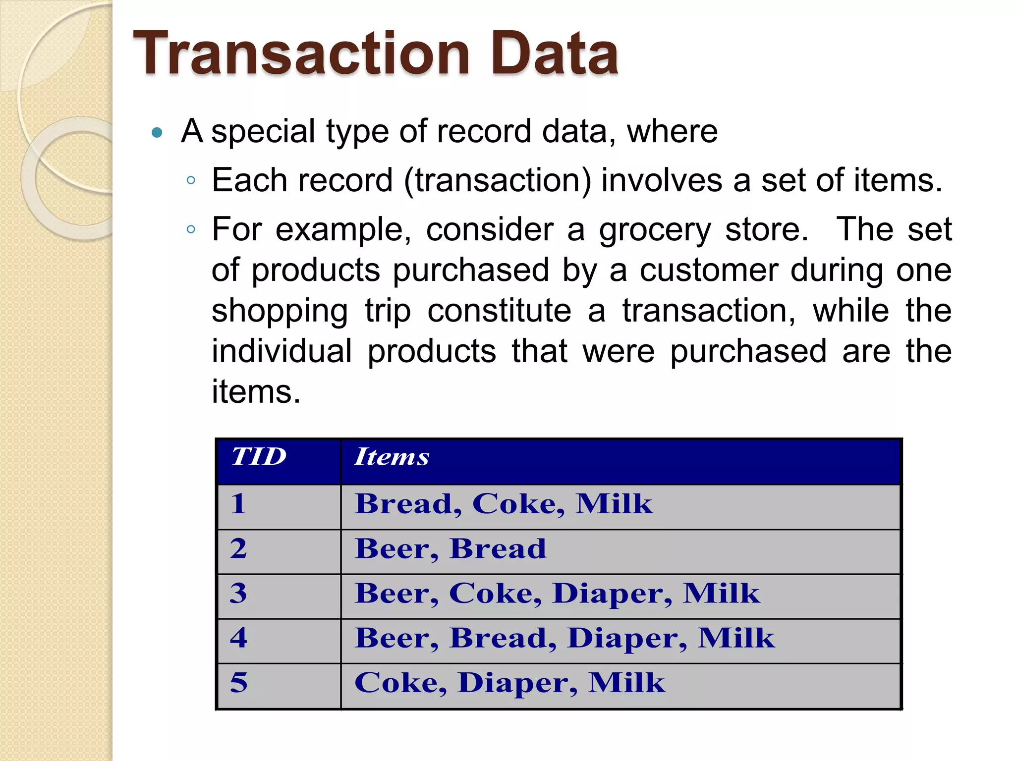 Transaction Data
 A special type of record data, where
◦ Each record (transaction) involves a set of items.
◦ For example, consider a grocery store. The set
of products purchased by a customer during one
shopping trip constitute a transaction, while the
individual products that were purchased are the
items.
TID Items
1 Bread, Coke, Milk
2 Beer, Bread
3 Beer, Coke, Diaper, Milk
4 Beer, Bread, Diaper, Milk
5 Coke, Diaper, Milk
 