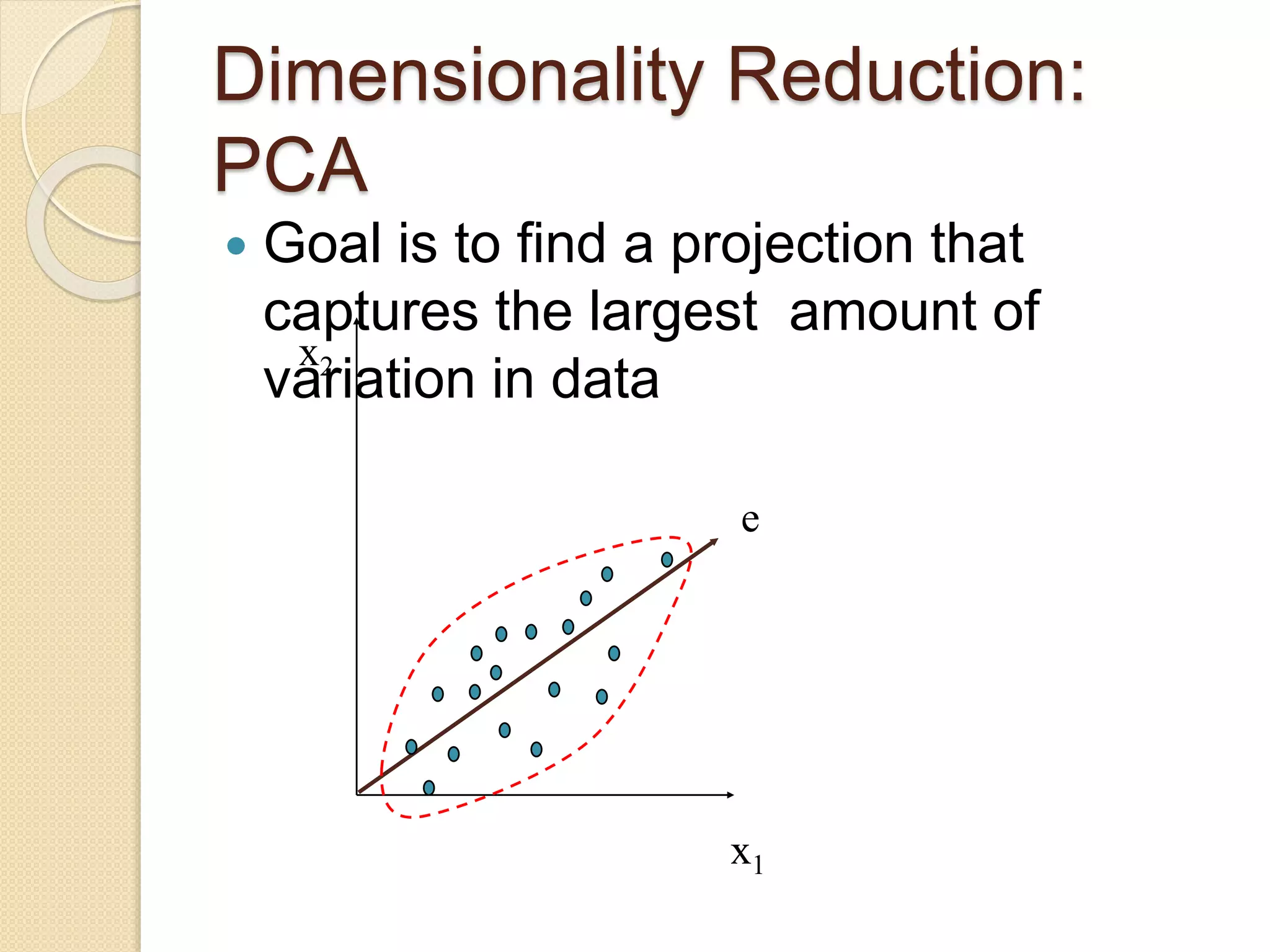 Dimensionality Reduction:
PCA
 Goal is to find a projection that
captures the largest amount of
variation in data
x2
x1
e
 