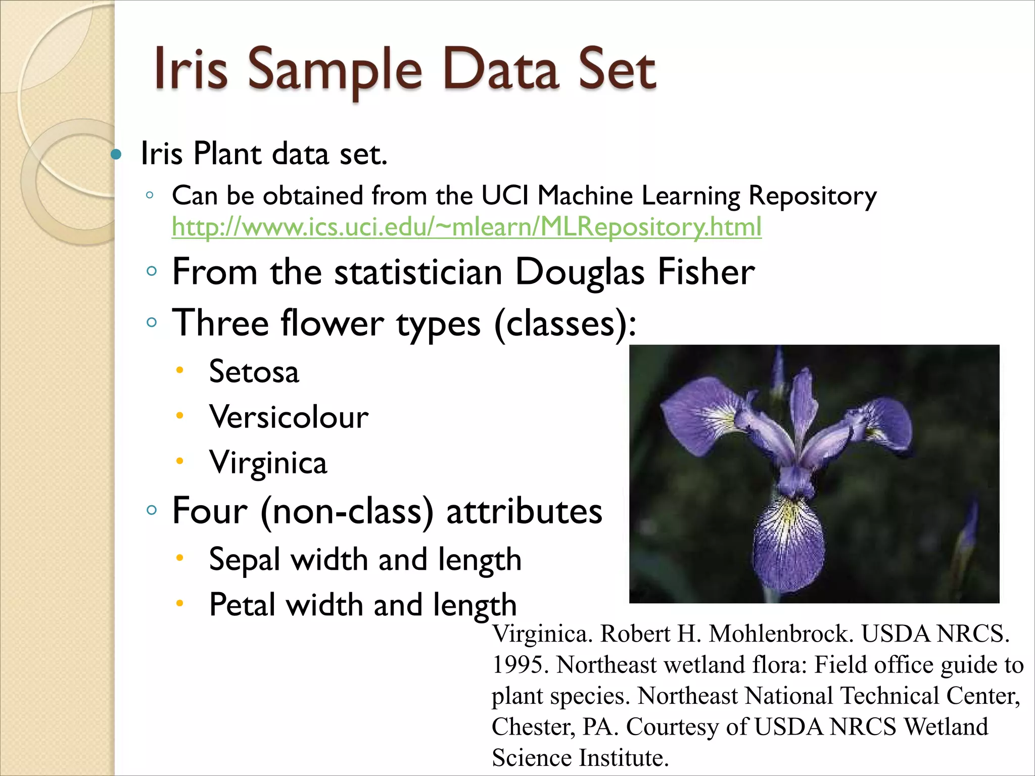  Iris Plant data set.
◦ Can be obtained from the UCI Machine Learning Repository
http://www.ics.uci.edu/~mlearn/MLRepository.html
◦ From the statistician Douglas Fisher
◦ Three flower types (classes):
 Setosa
 Versicolour
 Virginica
◦ Four (non-class) attributes
 Sepal width and length
 Petal width and length
Virginica. Robert H. Mohlenbrock. USDA NRCS.
1995. Northeast wetland flora: Field office guide to
plant species. Northeast National Technical Center,
Chester, PA. Courtesy of USDA NRCS Wetland
Science Institute.
 