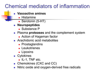  Vasoactive amines
 Histamine
 Serotonin (5-HT)
 Neuropeptides
 Substance P
 Plasma proteases and the complement system
 Action of Hageman factor
 Arachidonic acid metabolites
 Prostaglandins
 Leukotrienes
 Lipoxins
 Cytokines
 IL-1, TNF etc.
 Chemokines (CXC and CC)
 Nitric oxide and oxygen-derived free radicals
Chemical mediators of inflammation
 