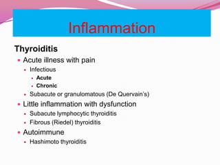 InflammationThyroiditisAcute illness with painInfectiousAcuteChronicSubacute or granulomatous (De Quervain’s)Little inflammation with dysfunctionSubacute lymphocytic thyroiditisFibrous (Riedel) thyroiditisAutoimmuneHashimoto thyroiditis 
