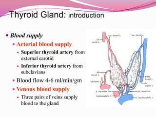 Thyroid Gland: introductionBlood supply Arterial blood supplySuperior thyroid artery from external carotidInferior thyroid artery from subclaviansBlood flow 4-6 ml/min/gmVenous blood supplyThree pairs of veins supply blood to the gland 