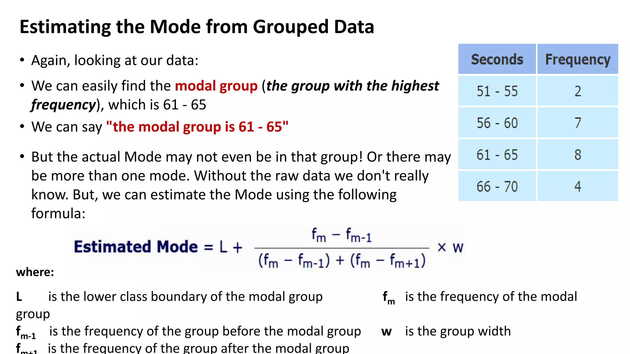 Estimating the Mode from Grouped Data
• Again, looking at our data:
• We can easily find the modal group (the group with the highest
frequency), which is 61 - 65
• We can say "the modal group is 61 - 65"
• But the actual Mode may not even be in that group! Or there may
be more than one mode. Without the raw data we don't really
know. But, we can estimate the Mode using the following
formula:
where:
L is the lower class boundary of the modal group fm is the frequency of the modal
group
fm-1 is the frequency of the group before the modal group w is the group width
f is the frequency of the group after the modal group
 