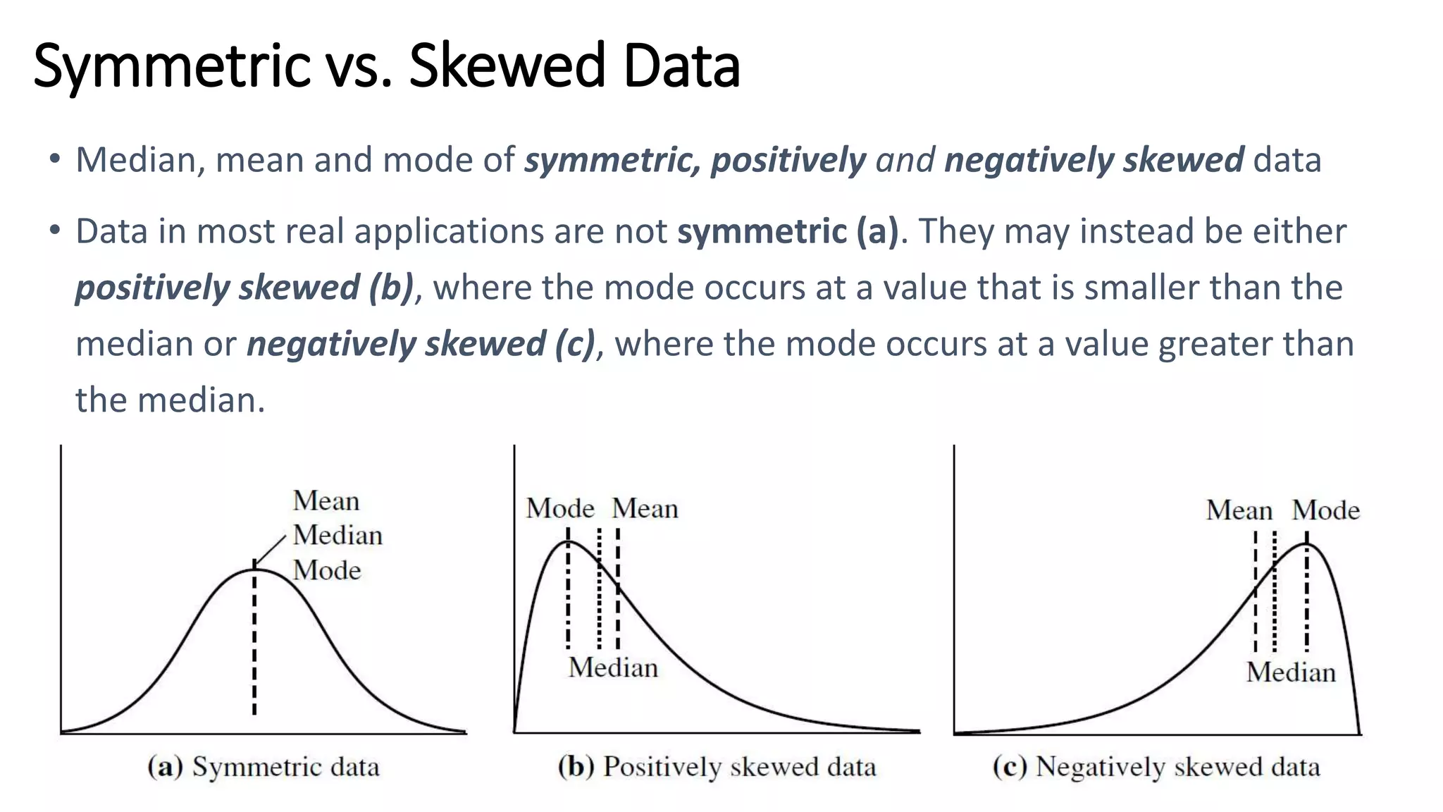 Symmetric vs. Skewed Data
• Median, mean and mode of symmetric, positively and negatively skewed data
• Data in most real applications are not symmetric (a). They may instead be either
positively skewed (b), where the mode occurs at a value that is smaller than the
median or negatively skewed (c), where the mode occurs at a value greater than
the median.
 