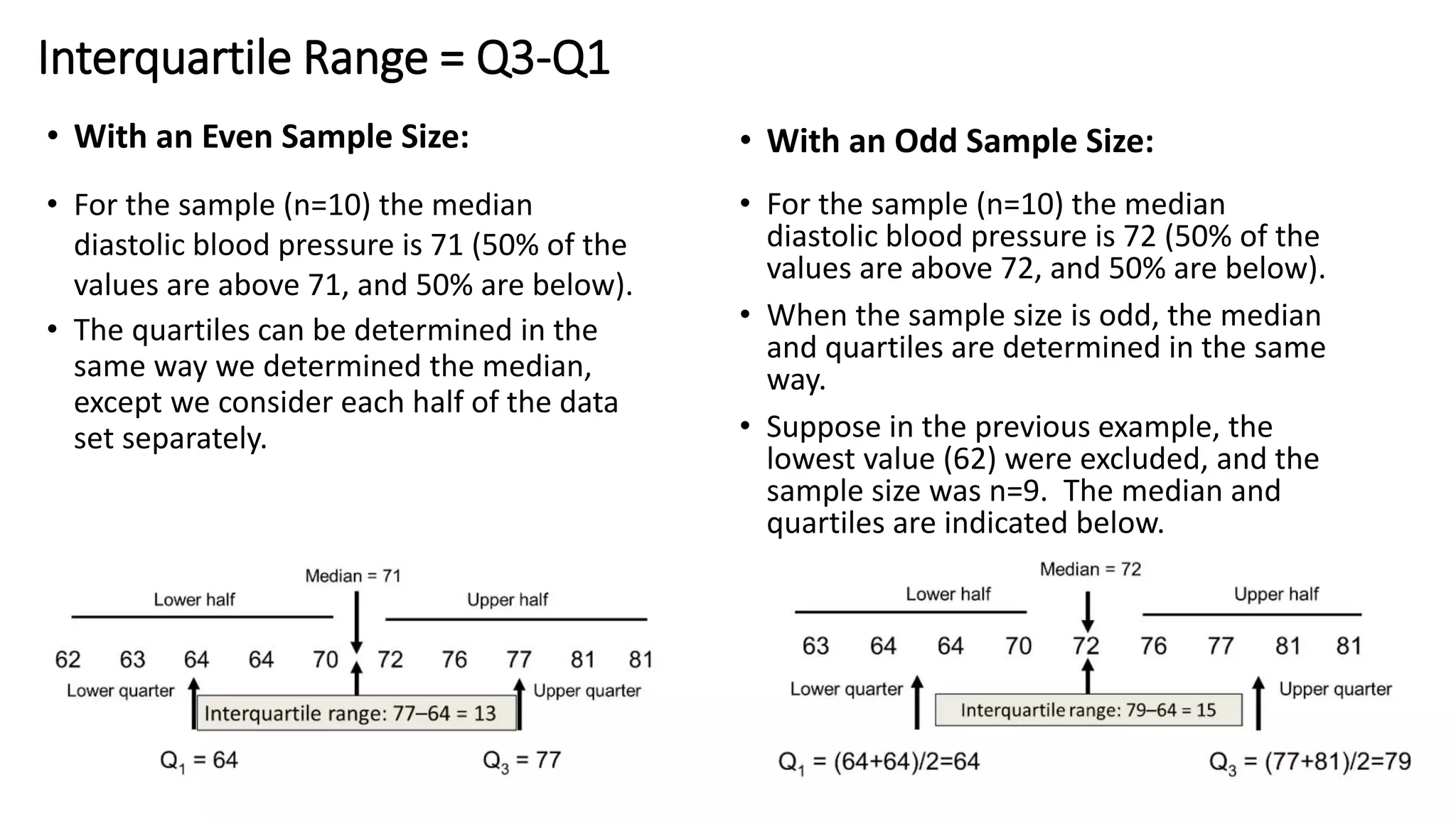 Interquartile Range = Q3-Q1
• With an Even Sample Size:
• For the sample (n=10) the median
diastolic blood pressure is 71 (50% of the
values are above 71, and 50% are below).
• The quartiles can be determined in the
same way we determined the median,
except we consider each half of the data
set separately.
• With an Odd Sample Size:
• For the sample (n=10) the median
diastolic blood pressure is 72 (50% of the
values are above 72, and 50% are below).
• When the sample size is odd, the median
and quartiles are determined in the same
way.
• Suppose in the previous example, the
lowest value (62) were excluded, and the
sample size was n=9. The median and
quartiles are indicated below.
 