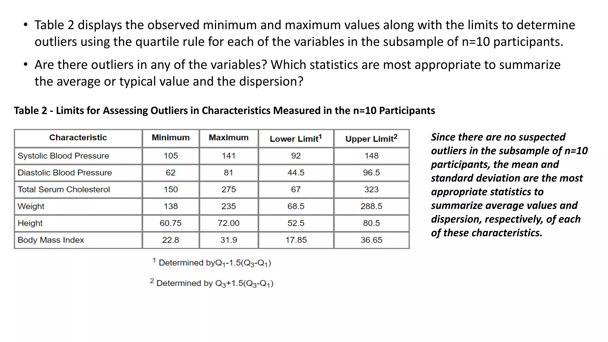 • Table 2 displays the observed minimum and maximum values along with the limits to determine
outliers using the quartile rule for each of the variables in the subsample of n=10 participants.
• Are there outliers in any of the variables? Which statistics are most appropriate to summarize
the average or typical value and the dispersion?
Table 2 - Limits for Assessing Outliers in Characteristics Measured in the n=10 Participants
Since there are no suspected
outliers in the subsample of n=10
participants, the mean and
standard deviation are the most
appropriate statistics to
summarize average values and
dispersion, respectively, of each
of these characteristics.
 