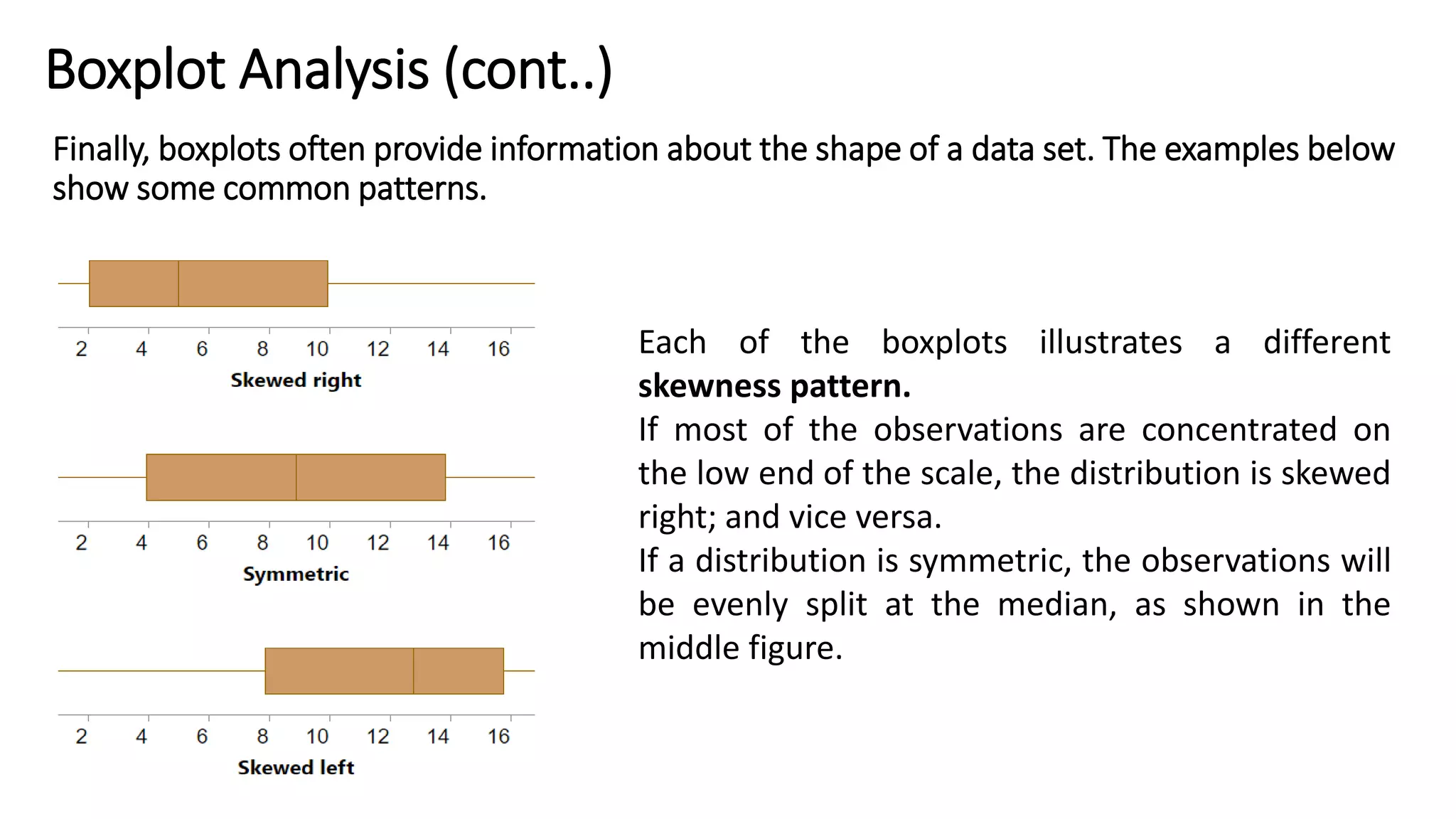 Finally, boxplots often provide information about the shape of a data set. The examples below
show some common patterns.
Boxplot Analysis (cont..)
Each of the boxplots illustrates a different
skewness pattern.
If most of the observations are concentrated on
the low end of the scale, the distribution is skewed
right; and vice versa.
If a distribution is symmetric, the observations will
be evenly split at the median, as shown in the
middle figure.
 