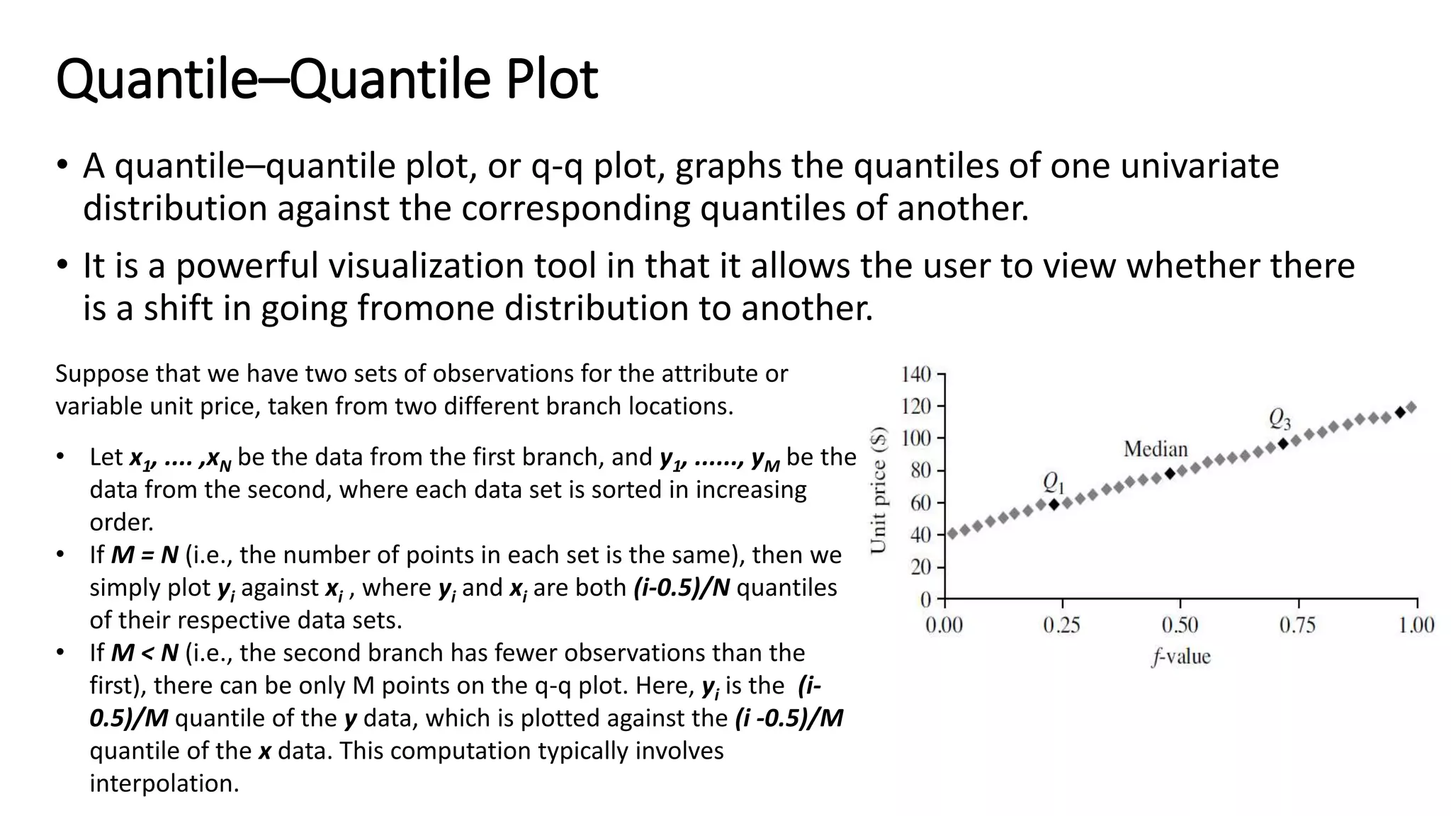 Quantile–Quantile Plot
• A quantile–quantile plot, or q-q plot, graphs the quantiles of one univariate
distribution against the corresponding quantiles of another.
• It is a powerful visualization tool in that it allows the user to view whether there
is a shift in going fromone distribution to another.
Suppose that we have two sets of observations for the attribute or
variable unit price, taken from two different branch locations.
• Let x1, .... ,xN be the data from the first branch, and y1, ......, yM be the
data from the second, where each data set is sorted in increasing
order.
• If M = N (i.e., the number of points in each set is the same), then we
simply plot yi against xi , where yi and xi are both (i-0.5)/N quantiles
of their respective data sets.
• If M < N (i.e., the second branch has fewer observations than the
first), there can be only M points on the q-q plot. Here, yi is the (i-
0.5)/M quantile of the y data, which is plotted against the (i -0.5)/M
quantile of the x data. This computation typically involves
interpolation.
 