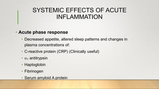 SYSTEMIC EFFECTS OF ACUTE
INFLAMMATION
• Acute phase response
• Decreased appetite, altered sleep patterns and changes in
plasma concentrations of:
• C-reactive protein (CRP) (Clinically useful)
• 1 antitrypsin
• Haptoglobin
• Fibrinogen
• Serum amyloid A protein
 