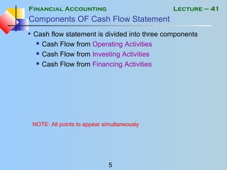 Financial Accounting
5
Lecture – 41
Components OF Cash Flow Statement
• Cash flow statement is divided into three components
 Cash Flow from Operating Activities
 Cash Flow from Investing Activities
 Cash Flow from Financing Activities
NOTE: All points to appear simultaneously
 
