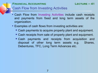 Financial Accounting
7
Lecture – 41
Cash Flow from Investing Activities
• Cash Flow from Investing Activities include cash receipts
and payments from fixed and long term assets of the
organization.
• Examples of cash flows from investing activities are:
 Cash payments to acquire property plant and equipment.
 Cash receipts from sale of property plant and equipment.
 Cash payments and receipts from acquisition and
disposal of other long term assets e.g. Shares,
Debentures, TFC, Long Term Advances etc.
 