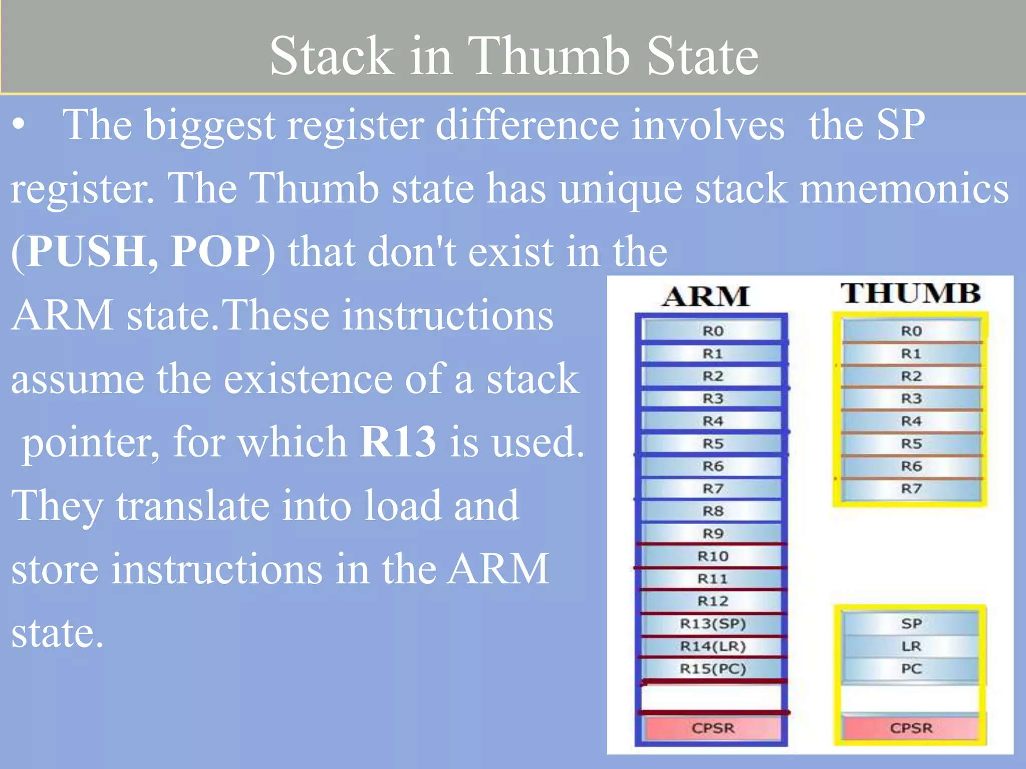 Stack in Thumb State • The biggest register difference involves the SP register. The Thumb state has unique stack mnemonics (PUSH, POP) that don't exist in the ARM state.These instructions assume the existence of a stack pointer, for which R13 is used. They translate into load and store instructions in the ARM state. 
