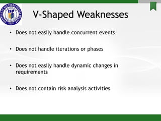 V-Shaped Weaknesses
• Does not easily handle concurrent events
• Does not handle iterations or phases
• Does not easily handle dynamic changes in
requirements
• Does not contain risk analysis activities
 