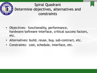 Spiral Quadrant
Determine objectives, alternatives and
constraints
• Objectives: functionality, performance,
hardware/software interface, critical success factors,
etc.
• Alternatives: build, reuse, buy, sub-contract, etc.
• Constraints: cost, schedule, interface, etc.
 