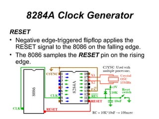 8284A Clock Generator RESET Negative edge-triggered flipflop applies the RESET signal to the 8086 on the falling edge. The 8086 samples the  RESET  pin on the rising edge. 