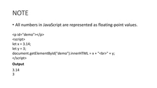 NOTE
• All numbers in JavaScript are represented as floating-point values.
<p id="demo"></p>
<script>
let x = 3.14;
let y = 3;
document.getElementById("demo").innerHTML = x + "<br>" + y;
</script>
Output
3.14
3
 