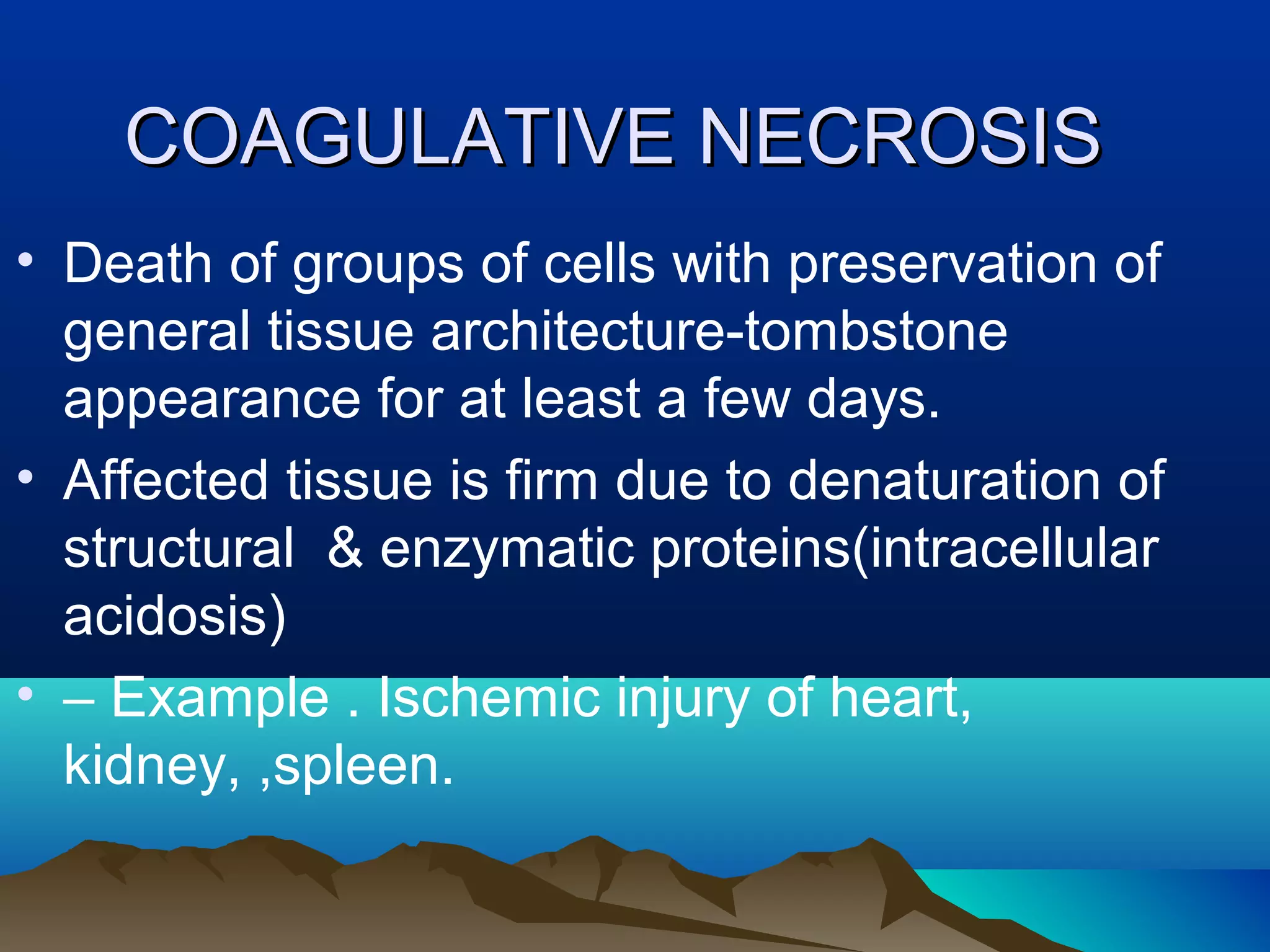 COAGULATIVE NECROSIS
• Death of groups of cells with preservation of
  general tissue architecture-tombstone
  appearance for at least a few days.
• Affected tissue is firm due to denaturation of
  structural & enzymatic proteins(intracellular
  acidosis)
• – Example . Ischemic injury of heart,
  kidney, ,spleen.
 