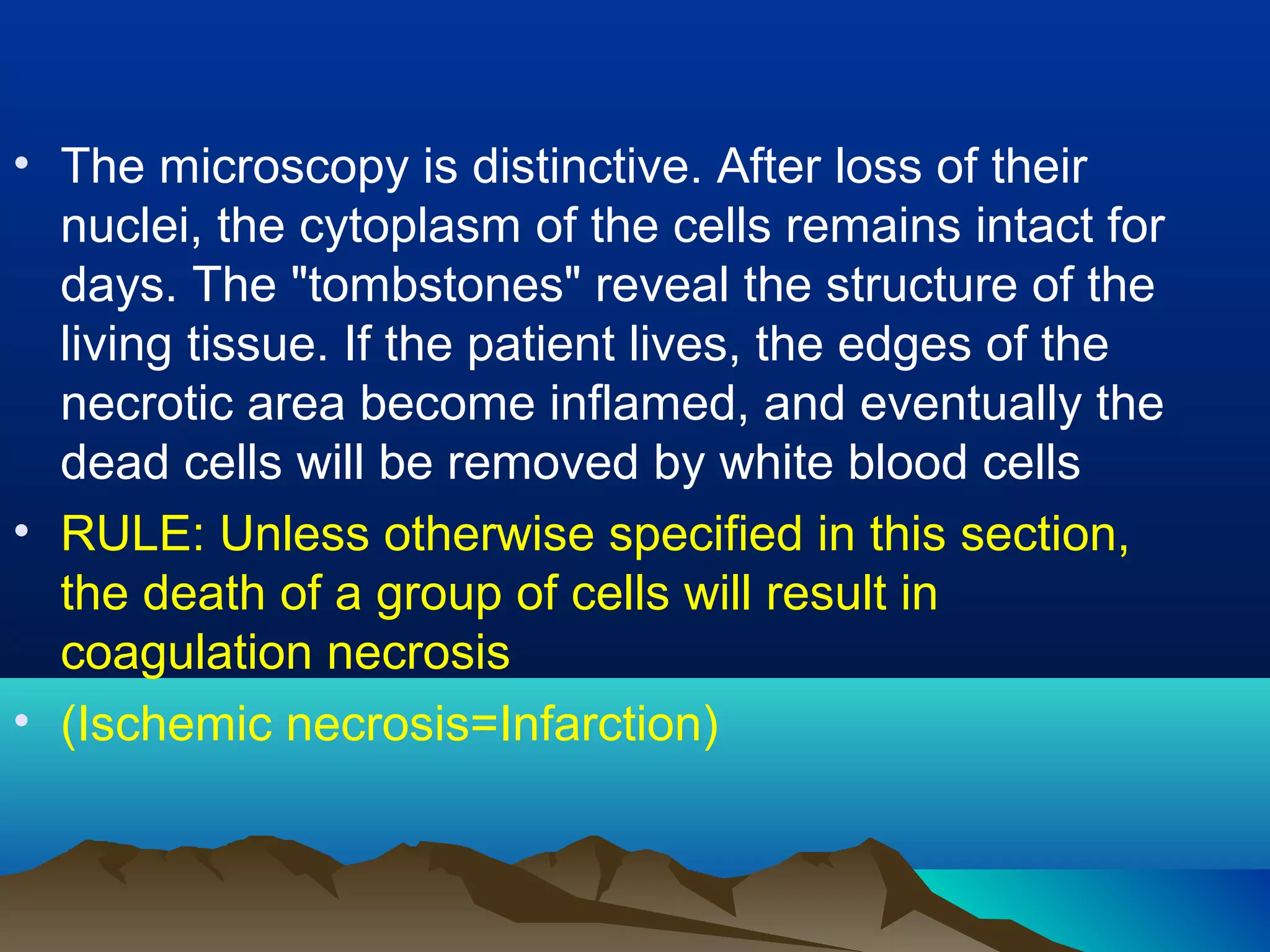 • The microscopy is distinctive. After loss of their
  nuclei, the cytoplasm of the cells remains intact for
  days. The "tombstones" reveal the structure of the
  living tissue. If the patient lives, the edges of the
  necrotic area become inflamed, and eventually the
  dead cells will be removed by white blood cells
• RULE: Unless otherwise specified in this section,
  the death of a group of cells will result in
  coagulation necrosis
• (Ischemic necrosis=Infarction)
 