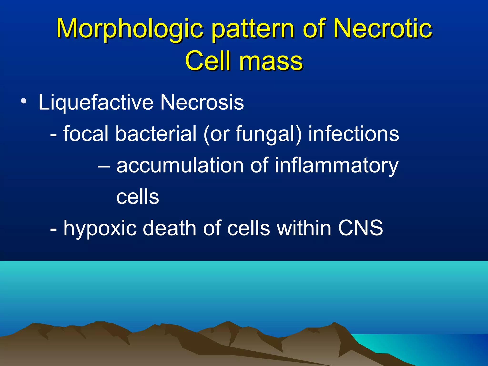 Morphologic pattern of Necrotic
             Cell mass
• Liquefactive Necrosis
   - focal bacterial (or fungal) infections
        – accumulation of inflammatory
           cells
   - hypoxic death of cells within CNS
 